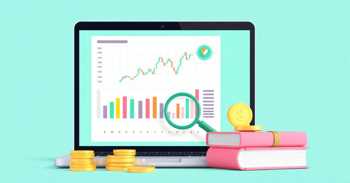 Ilustración educativa de trading con portátil, gráficos de velas y monedas