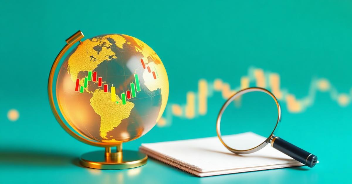 Investigación editorial de mercados financieros con globo, gráficos y cuaderno de notas