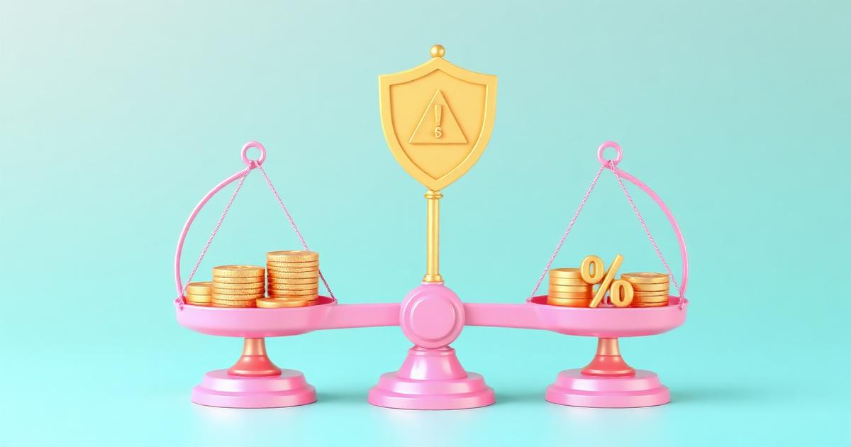 Balanza rosa con monedas y escudo dorado que representa la gestión del riesgo