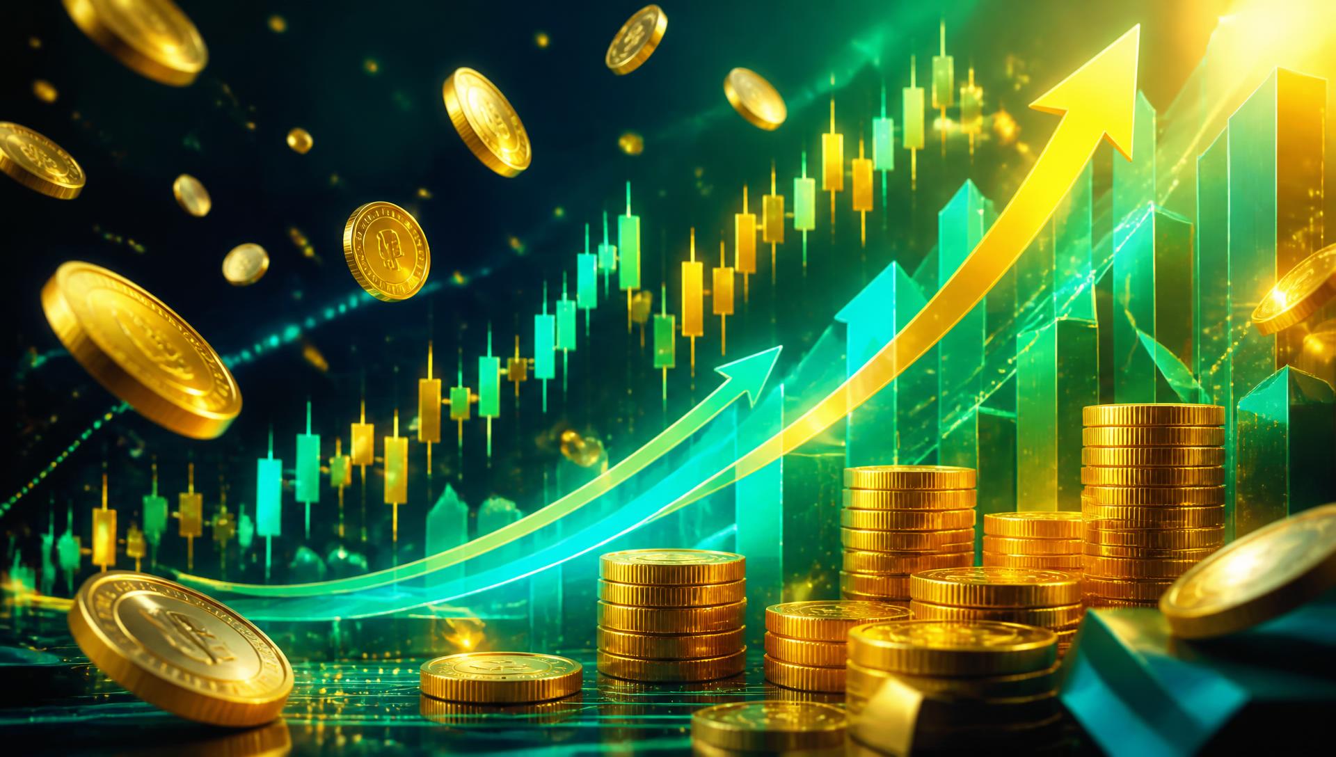 Gráficos de velas alcistas y monedas doradas que representan los mercados financieros