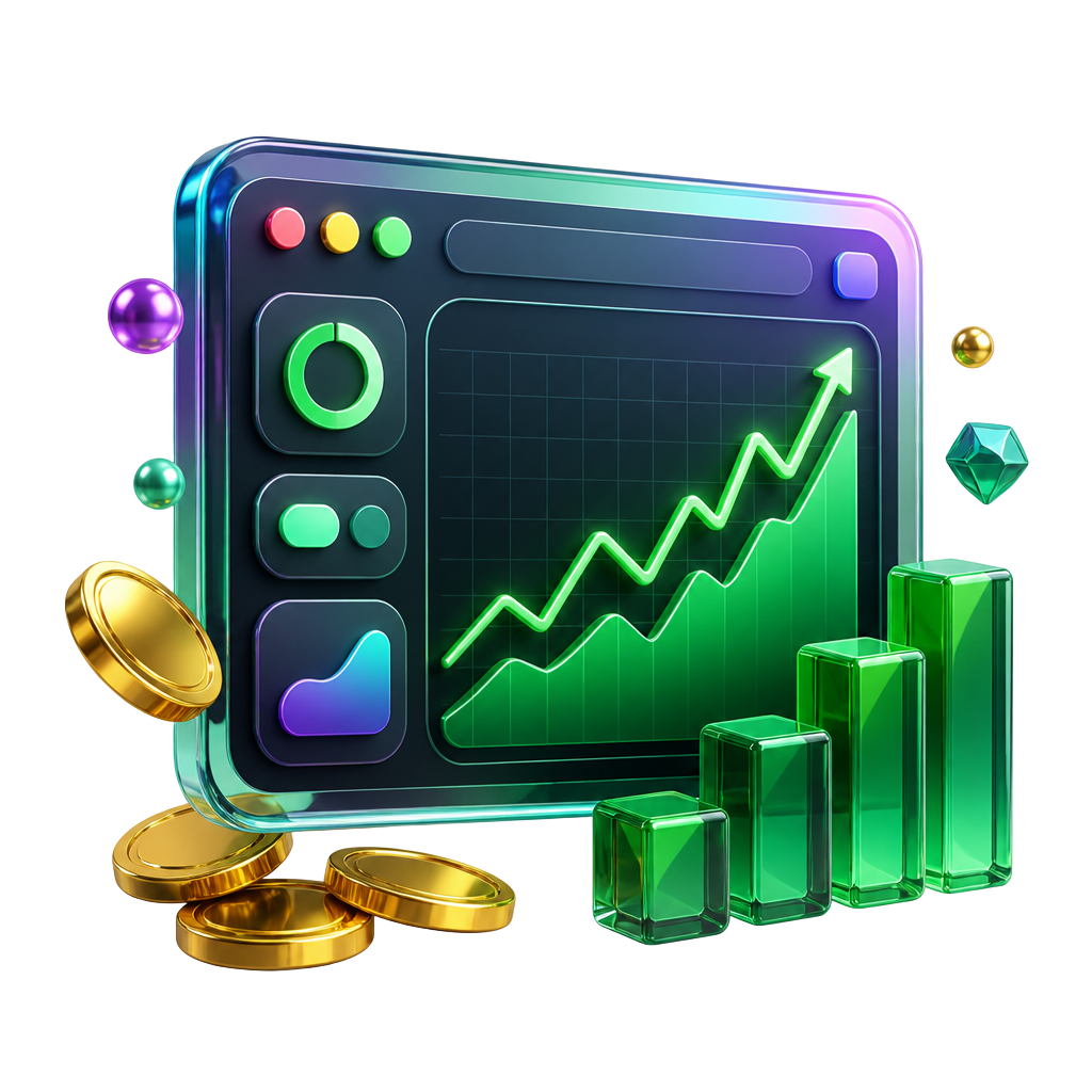 Panel 3D de trading con gráfico alcista, barras verdes y monedas doradas
